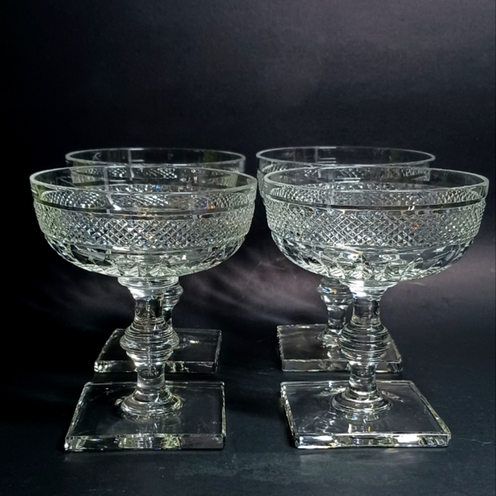 CUT CRYSTAL CHAMPAGNE COUPE WITH A RARE “SQUARE” BASE & 4.75 ” IN HEIGHT